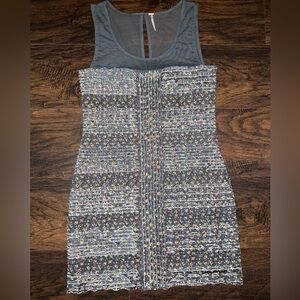 Free People Black Floral Illusion Neckline Bodycon Fitted Dress Large L